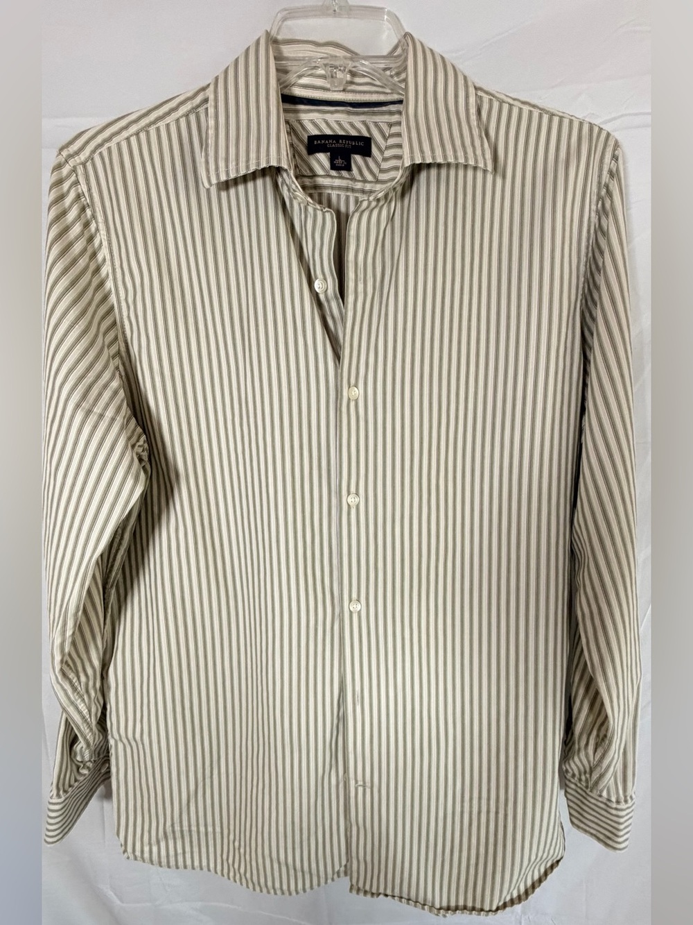 Banana Republic Men's Cream and Olive Vertical Stripe Dress Shirt